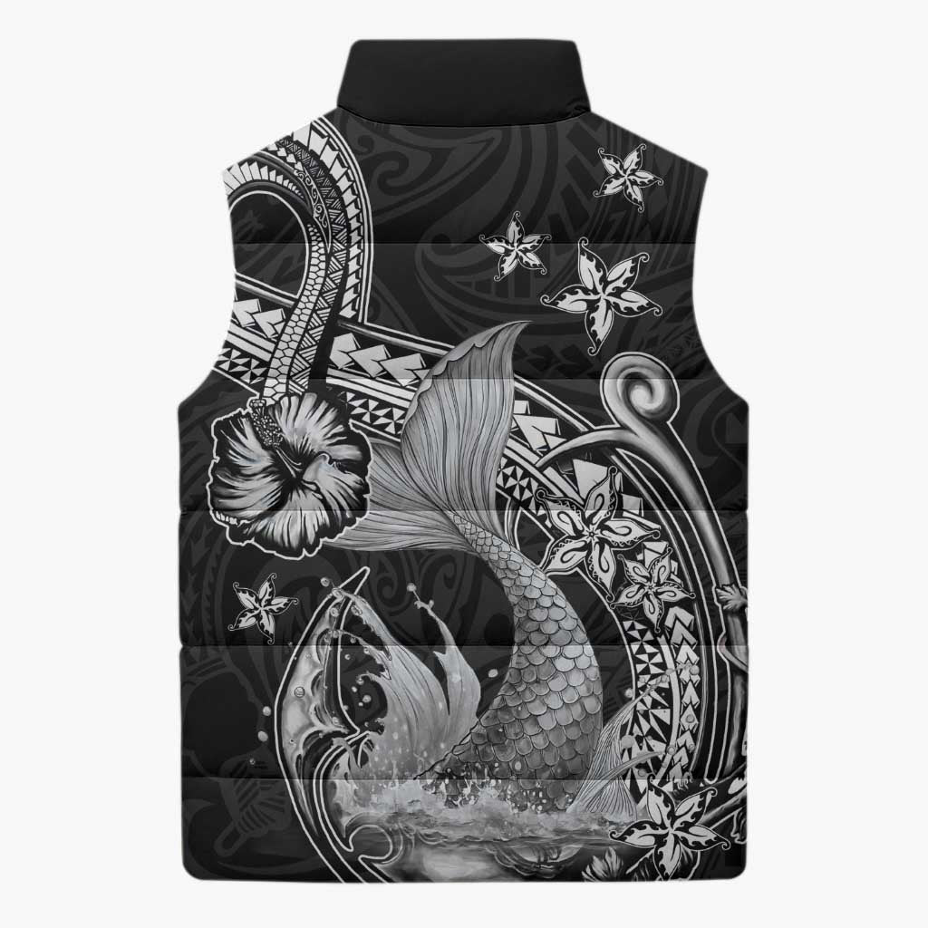 Hawaii Mermaid Monotone Sleeveless Puffer Jacket Polynesian Pattern Fish Hook