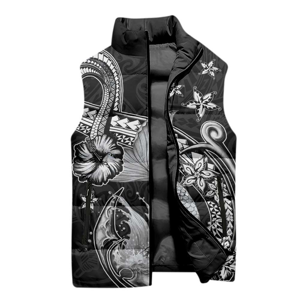 Hawaii Mermaid Monotone Sleeveless Puffer Jacket Polynesian Pattern Fish Hook