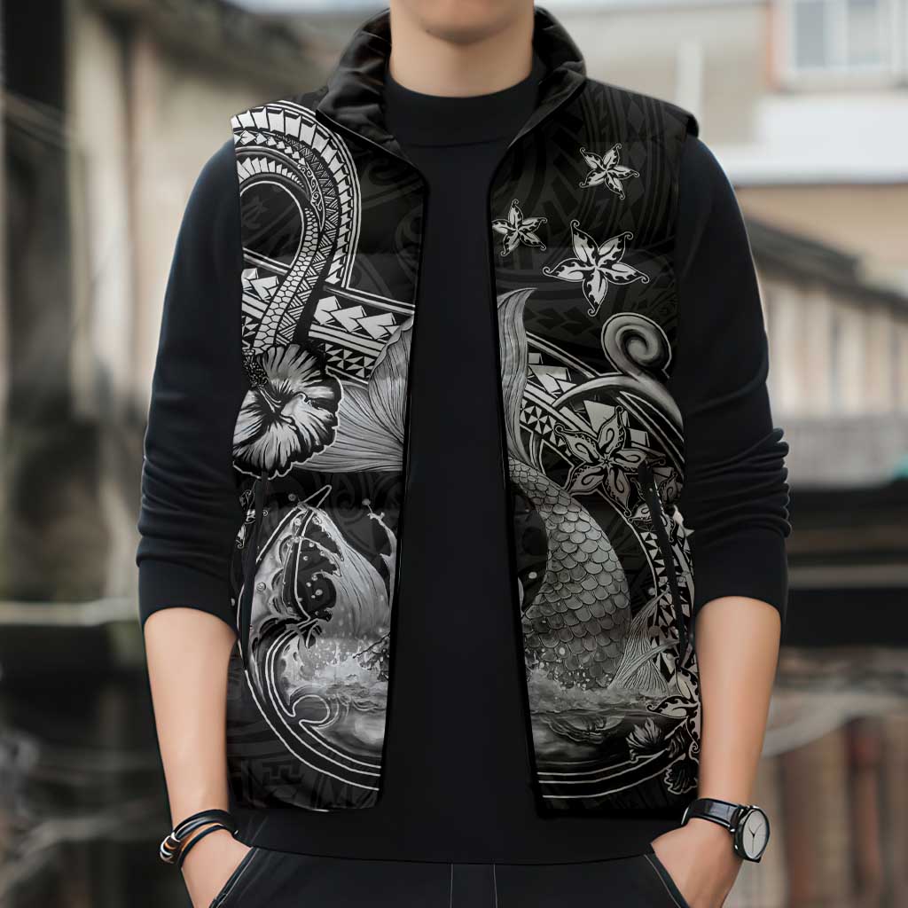 Hawaii Mermaid Monotone Sleeveless Puffer Jacket Polynesian Pattern Fish Hook