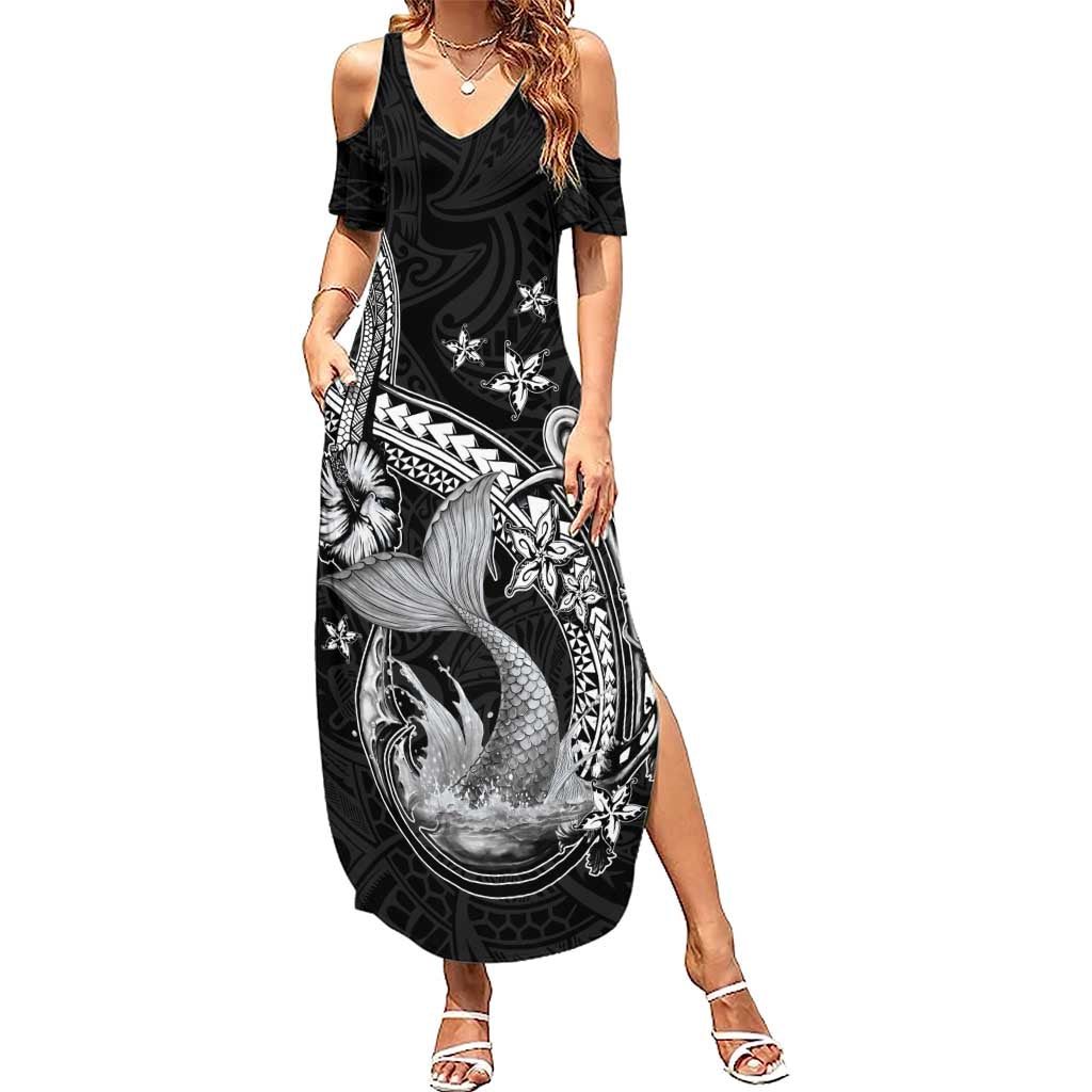 Hawaii Mermaid Monotone Summer Maxi Dress Polynesian Pattern Fish Hook LT01 Women Black - Polynesian Pride