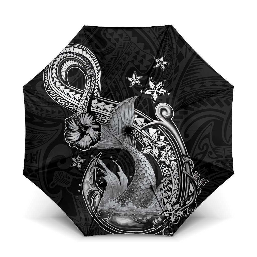 Hawaii Mermaid Monotone Umbrella Polynesian Pattern Fish Hook LT01 One Size Folded 11.42 inch Opened Diameter 37.4 inch Black - Polynesian Pride