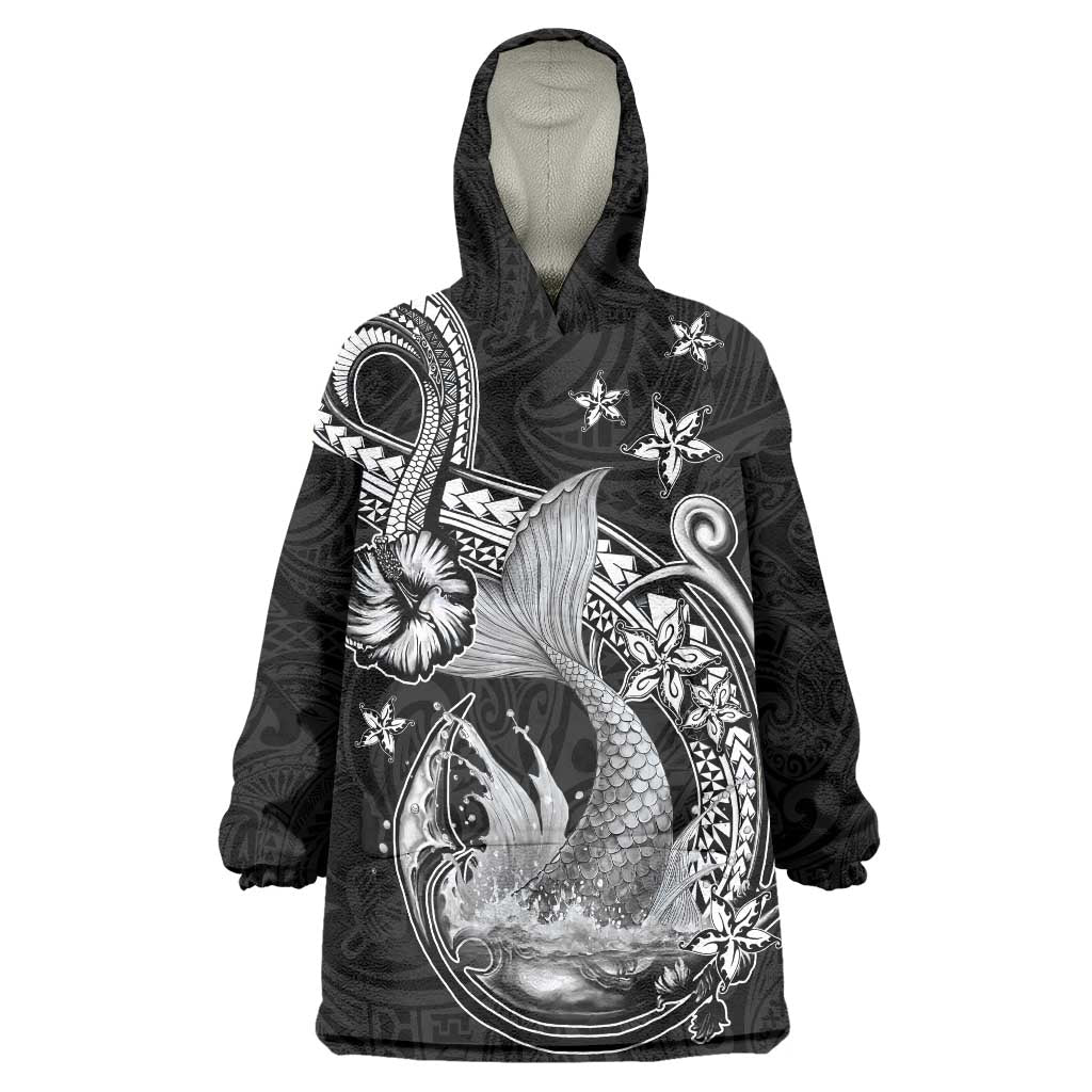 Hawaii Mermaid Monotone Wearable Blanket Hoodie Polynesian Pattern Fish Hook LT01 One Size Black - Polynesian Pride
