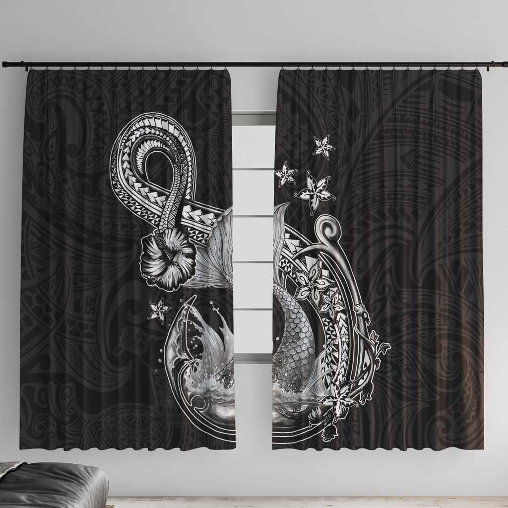 Hawaii Mermaid Monotone Window Curtain Polynesian Pattern Fish Hook LT01 With Hooks Black - Polynesian Pride