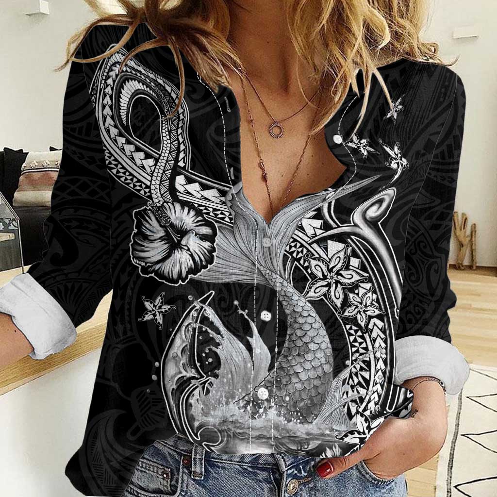 Hawaii Mermaid Monotone Women Casual Shirt Polynesian Pattern Fish Hook LT01 Female Black - Polynesian Pride
