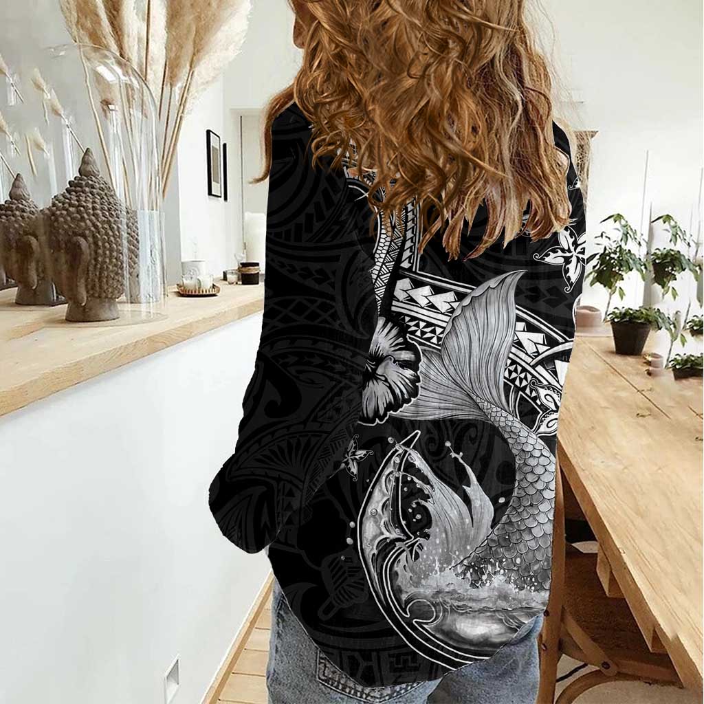 Hawaii Mermaid Monotone Women Casual Shirt Polynesian Pattern Fish Hook LT01 - Polynesian Pride