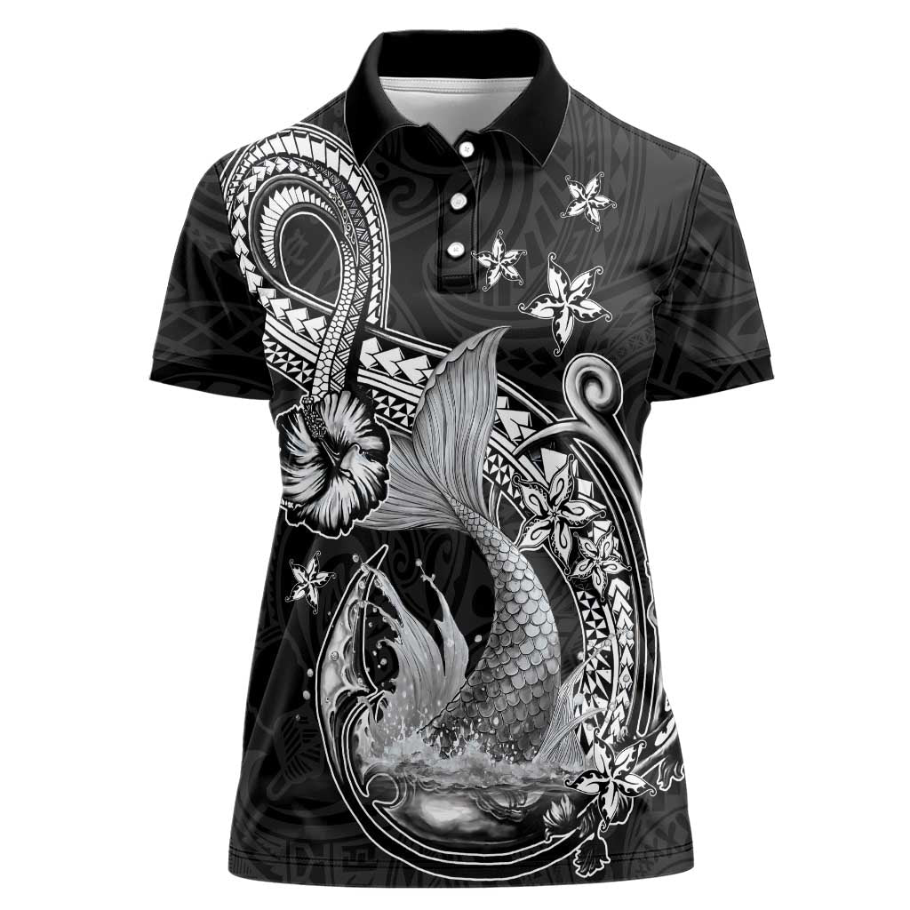 Hawaii Mermaid Monotone Women Polo Shirt Polynesian Pattern Fish Hook LT01 Female Black - Polynesian Pride