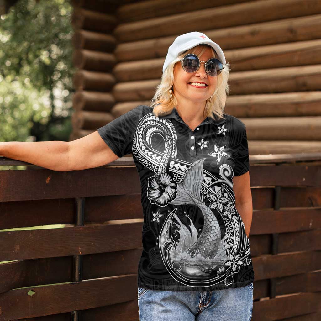 Hawaii Mermaid Monotone Women Polo Shirt Polynesian Pattern Fish Hook LT01 - Polynesian Pride