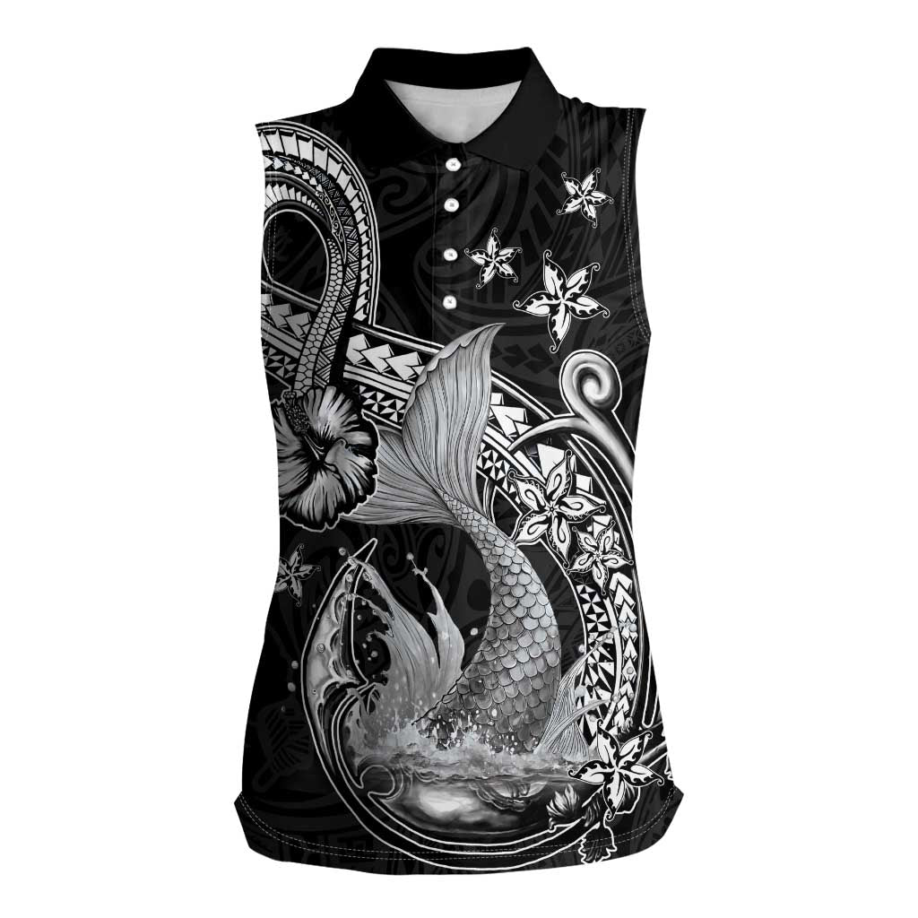 Hawaii Mermaid Monotone Women Sleeveless Polo Shirt Polynesian Pattern Fish Hook LT01 Female Black - Polynesian Pride