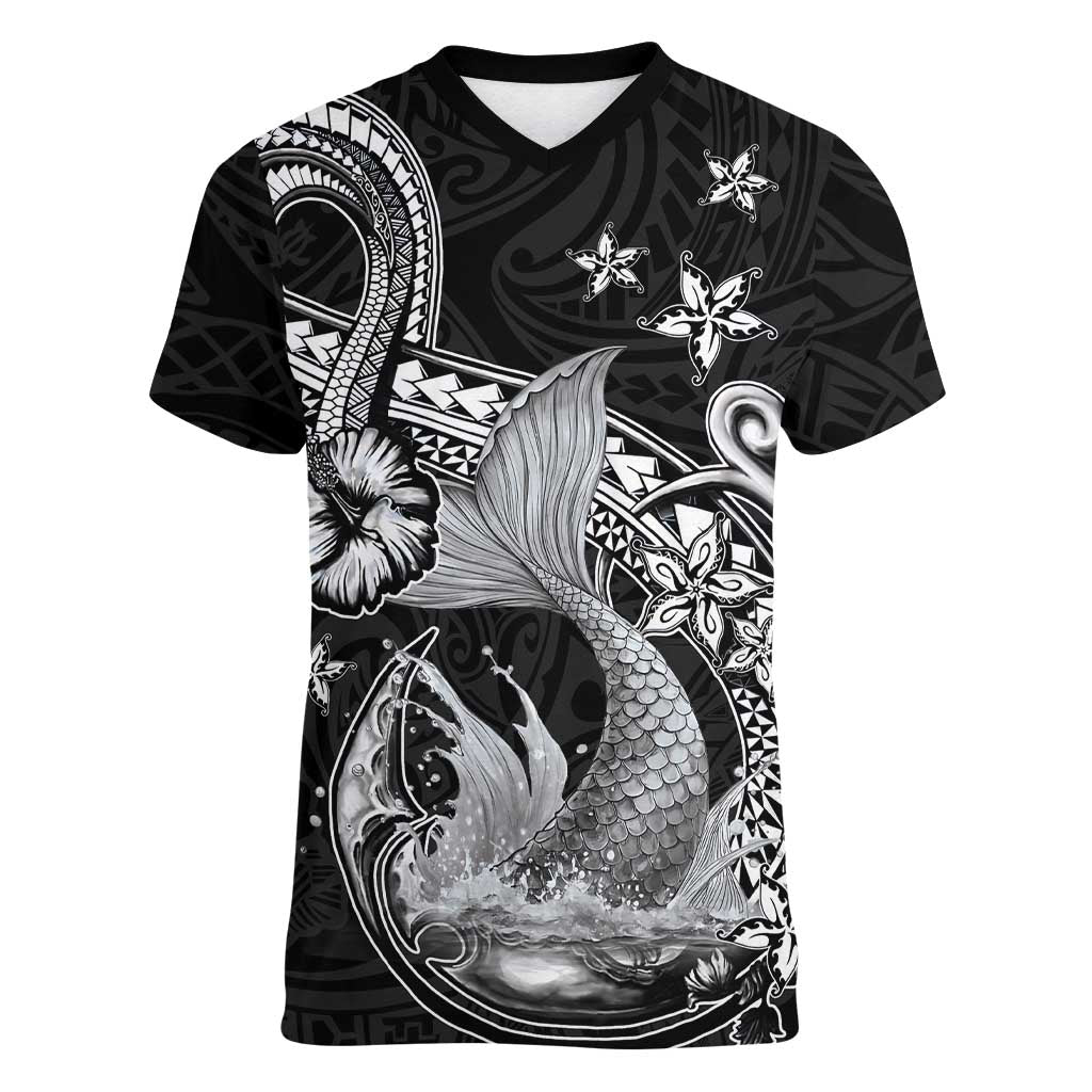 Hawaii Mermaid Monotone Women V-Neck T-Shirt Polynesian Pattern Fish Hook LT01 Female Black - Polynesian Pride