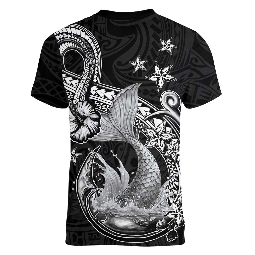 Hawaii Mermaid Monotone Women V-Neck T-Shirt Polynesian Pattern Fish Hook LT01 - Polynesian Pride