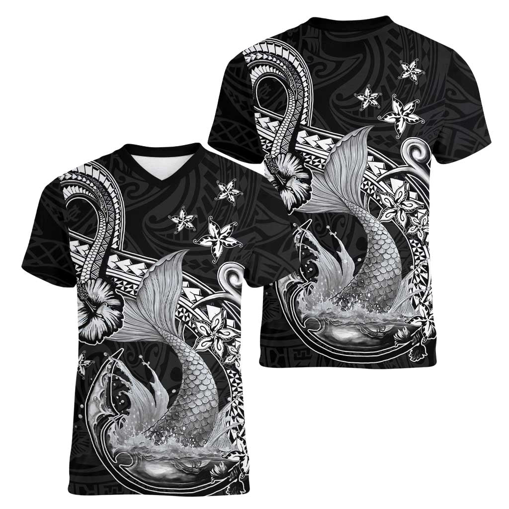 Hawaii Mermaid Monotone Women V-Neck T-Shirt Polynesian Pattern Fish Hook LT01 - Polynesian Pride