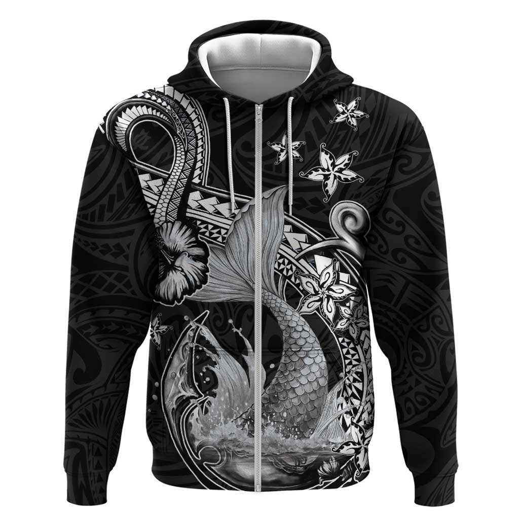 Hawaii Mermaid Monotone Zip Hoodie Polynesian Pattern Fish Hook LT01 Zip Hoodie Black - Polynesian Pride
