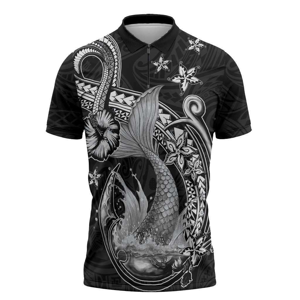 Hawaii Mermaid Monotone Zipper Polo Shirt Polynesian Pattern Fish Hook LT01 Black - Polynesian Pride