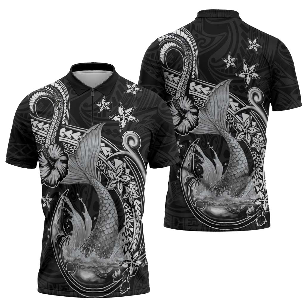 Hawaii Mermaid Monotone Zipper Polo Shirt Polynesian Pattern Fish Hook LT01 - Polynesian Pride