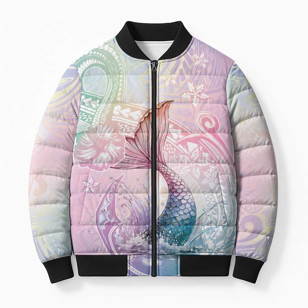 Hawaii Mermaid Sweet Pastel Bomber Puffer Jacket Polynesian Pattern Fish Hook LT01 Unisex Multicolor - Polynesian Pride