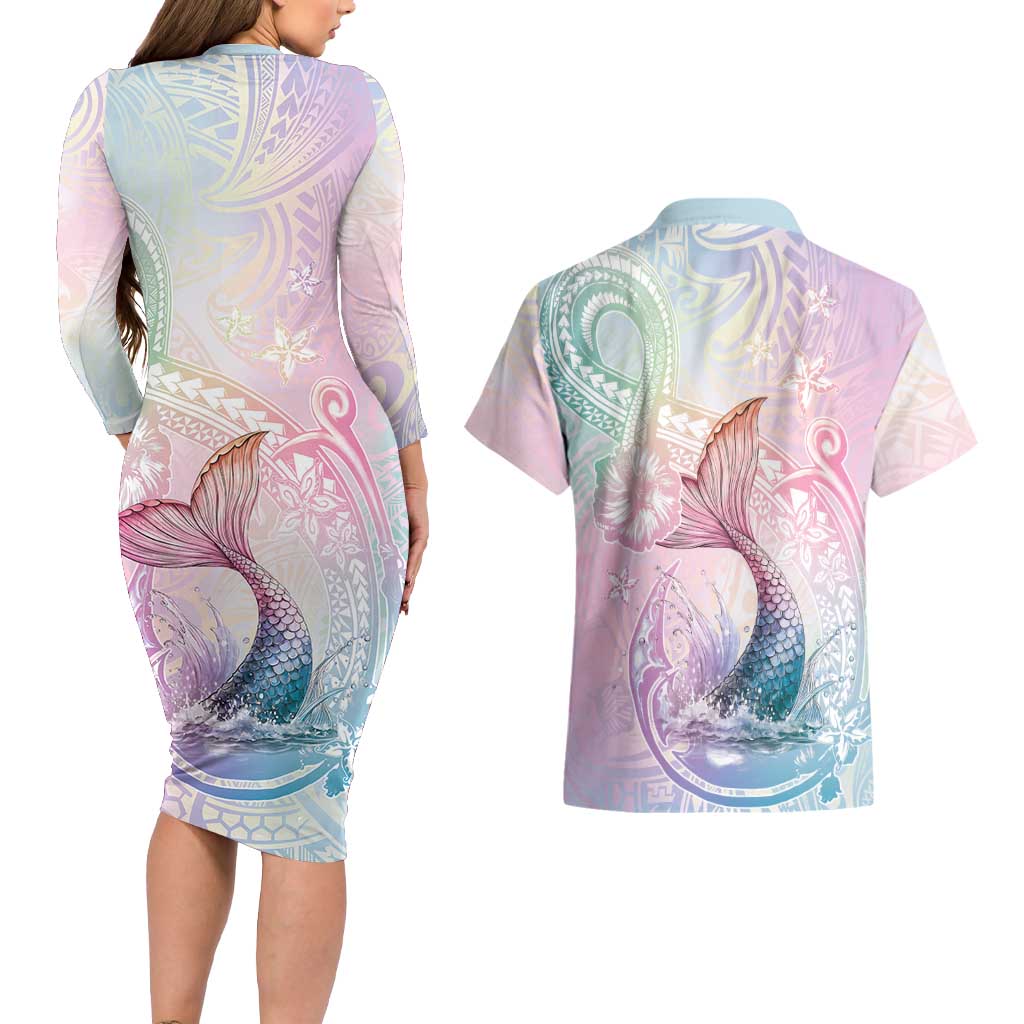 Hawaii Mermaid Sweet Pastel Couples Matching Long Sleeve Bodycon Dress and Hawaiian Shirt Polynesian Pattern Fish Hook LT01 - Polynesian Pride