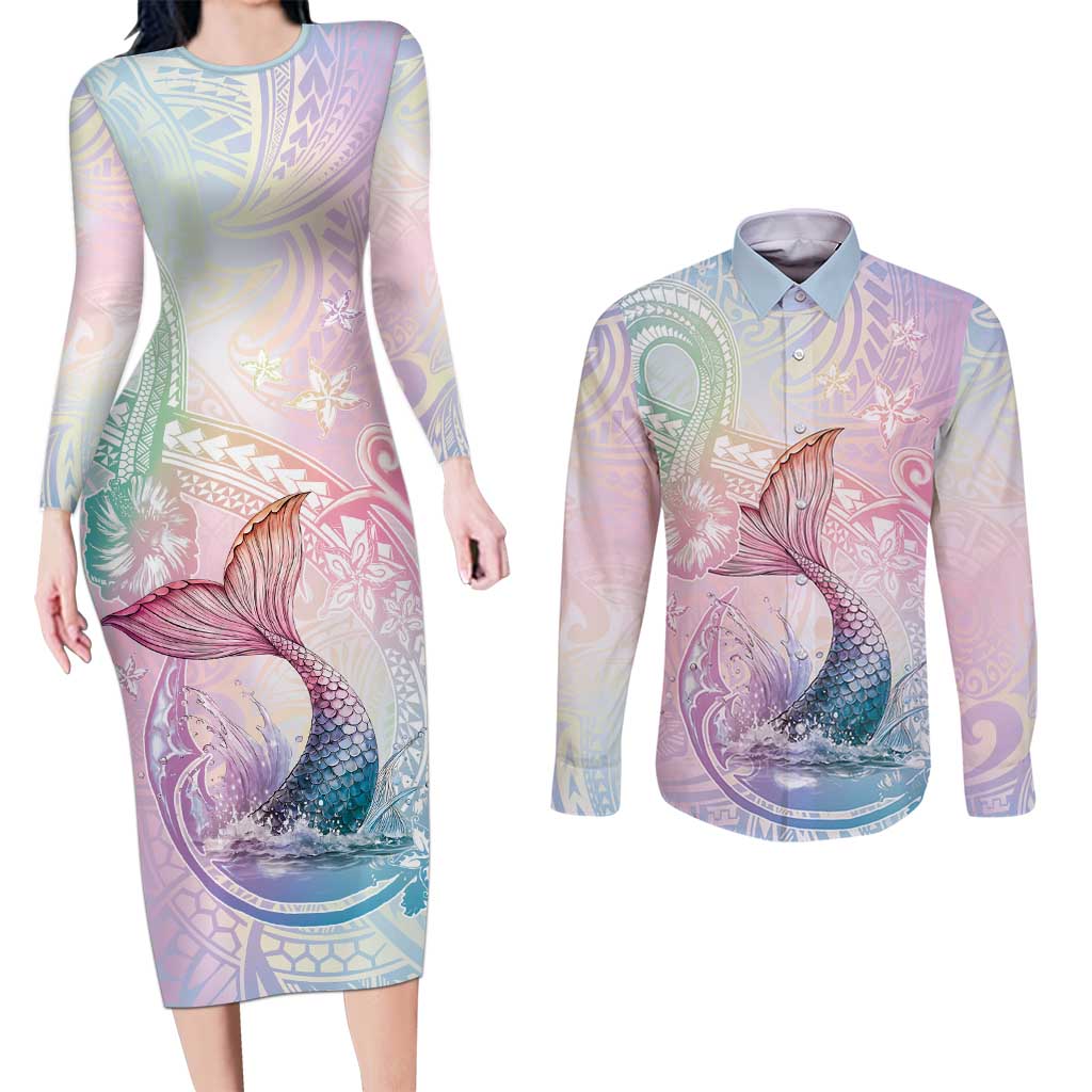 Hawaii Mermaid Sweet Pastel Couples Matching Long Sleeve Bodycon Dress and Long Sleeve Button Shirt Polynesian Pattern Fish Hook