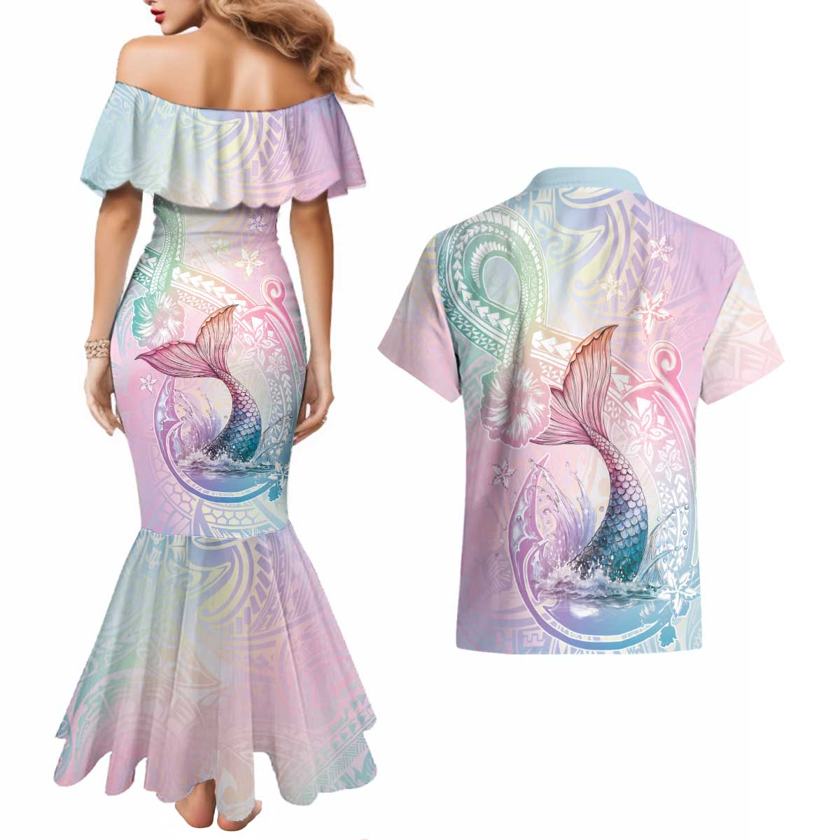 Hawaii Mermaid Sweet Pastel Couples Matching Mermaid Dress and Hawaiian Shirt Polynesian Pattern Fish Hook LT01 - Polynesian Pride