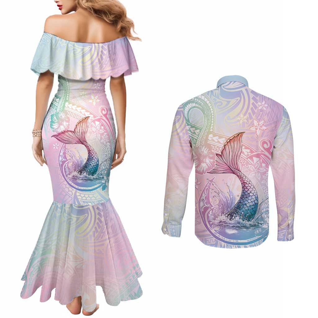 Hawaii Mermaid Sweet Pastel Couples Matching Mermaid Dress and Long Sleeve Button Shirt Polynesian Pattern Fish Hook LT01 - Polynesian Pride
