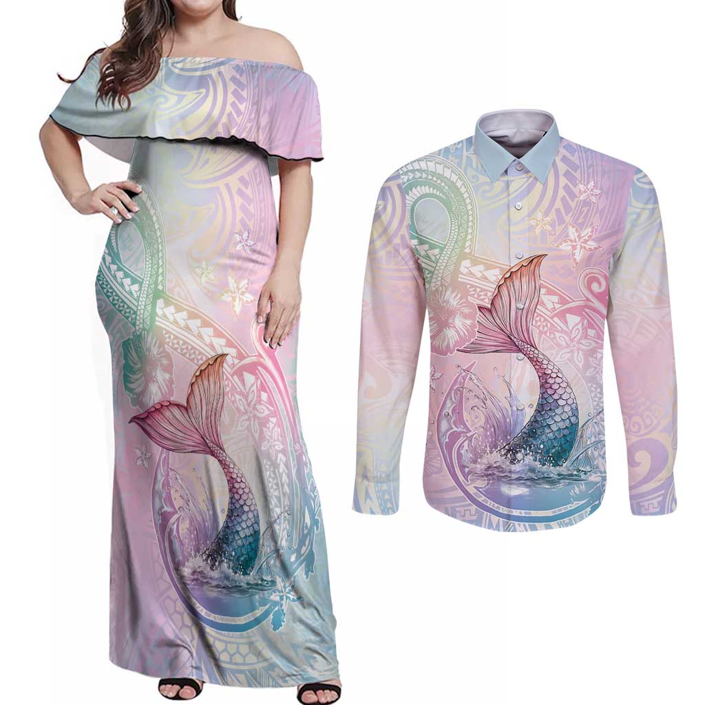 Hawaii Mermaid Sweet Pastel Couples Matching Off Shoulder Maxi Dress and Long Sleeve Button Shirt Polynesian Pattern Fish Hook LT01 Multicolor - Polynesian Pride
