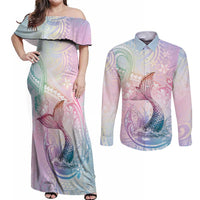 Hawaii Mermaid Sweet Pastel Couples Matching Off Shoulder Maxi Dress and Long Sleeve Button Shirt Polynesian Pattern Fish Hook LT01 Multicolor - Polynesian Pride