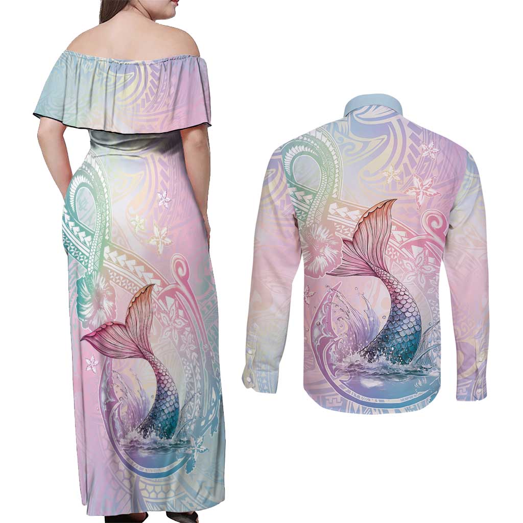 Hawaii Mermaid Sweet Pastel Couples Matching Off Shoulder Maxi Dress and Long Sleeve Button Shirt Polynesian Pattern Fish Hook LT01 - Polynesian Pride