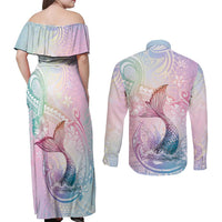 Hawaii Mermaid Sweet Pastel Couples Matching Off Shoulder Maxi Dress and Long Sleeve Button Shirt Polynesian Pattern Fish Hook LT01 - Polynesian Pride