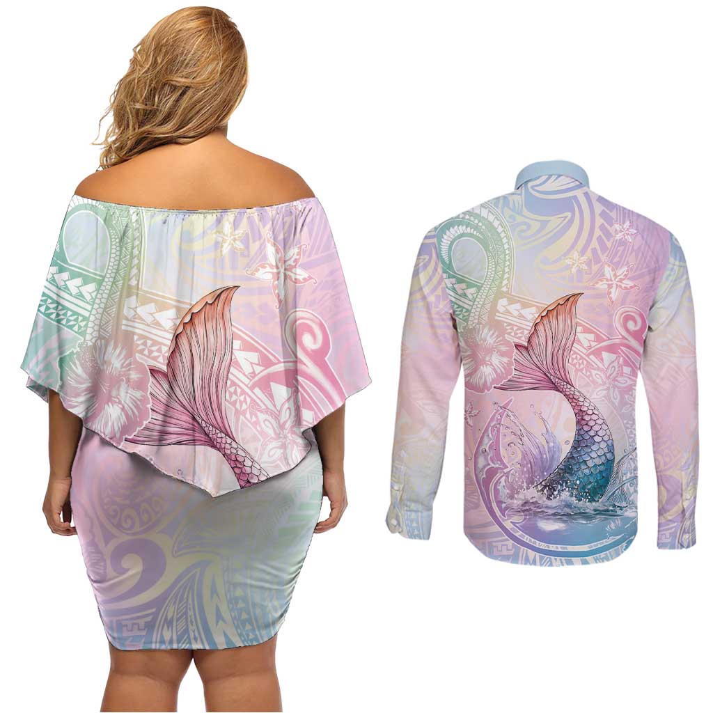 Hawaii Mermaid Sweet Pastel Couples Matching Off Shoulder Short Dress and Long Sleeve Button Shirt Polynesian Pattern Fish Hook LT01 - Polynesian Pride