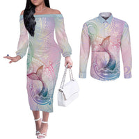 Hawaii Mermaid Sweet Pastel Couples Matching Off The Shoulder Long Sleeve Dress and Long Sleeve Button Shirt Polynesian Pattern Fish Hook LT01 Multicolor - Polynesian Pride