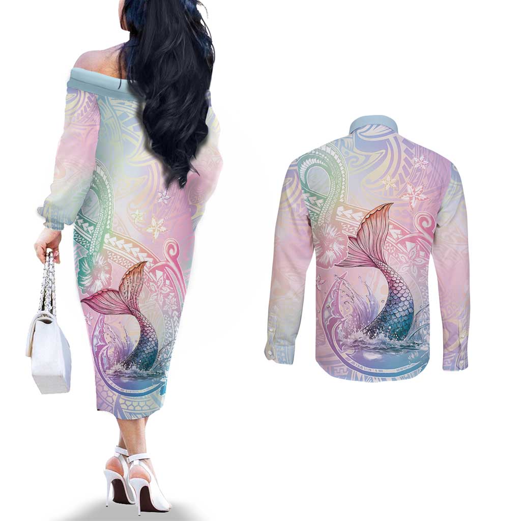 Hawaii Mermaid Sweet Pastel Couples Matching Off The Shoulder Long Sleeve Dress and Long Sleeve Button Shirt Polynesian Pattern Fish Hook LT01 - Polynesian Pride