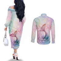 Hawaii Mermaid Sweet Pastel Couples Matching Off The Shoulder Long Sleeve Dress and Long Sleeve Button Shirt Polynesian Pattern Fish Hook LT01 - Polynesian Pride