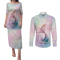 Hawaii Mermaid Sweet Pastel Couples Matching Puletasi and Long Sleeve Button Shirt Polynesian Pattern Fish Hook LT01 Multicolor - Polynesian Pride