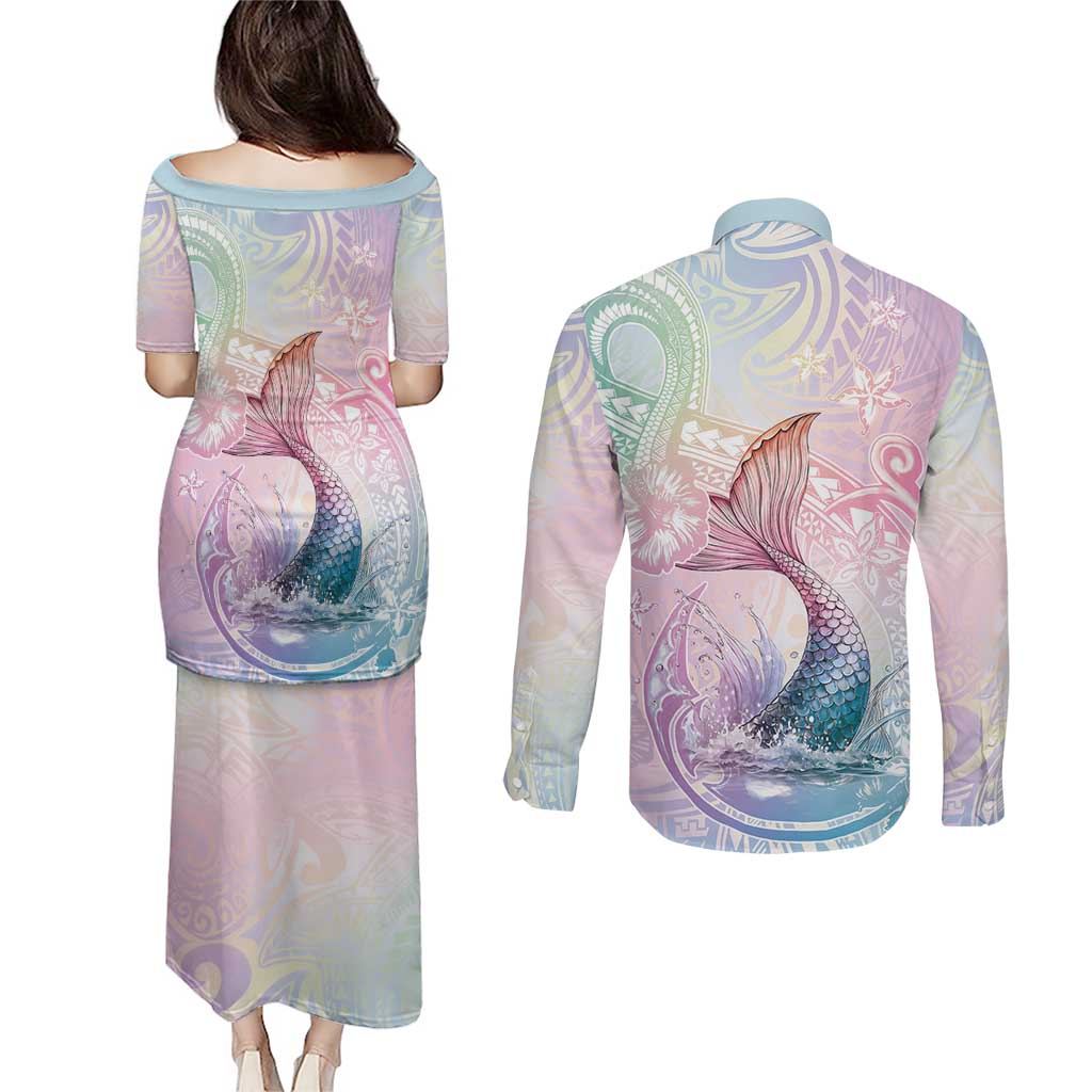 Hawaii Mermaid Sweet Pastel Couples Matching Puletasi and Long Sleeve Button Shirt Polynesian Pattern Fish Hook LT01 - Polynesian Pride