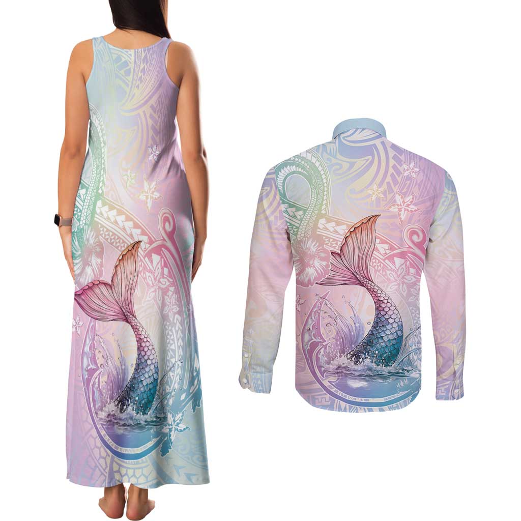 Hawaii Mermaid Sweet Pastel Couples Matching Tank Maxi Dress and Long Sleeve Button Shirt Polynesian Pattern Fish Hook LT01 - Polynesian Pride