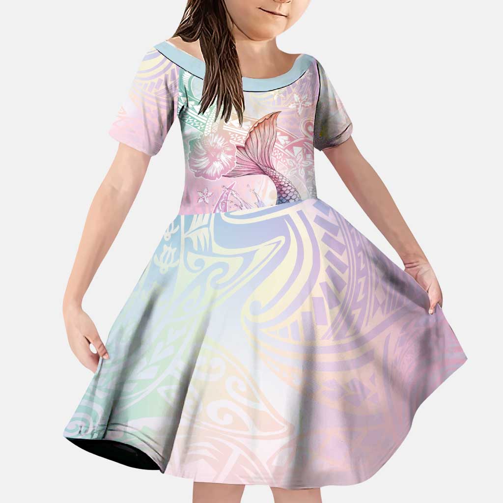 Hawaii Mermaid Sweet Pastel Family Matching Off The Shoulder Long Sleeve Dress and Hawaiian Shirt Polynesian Pattern Fish Hook