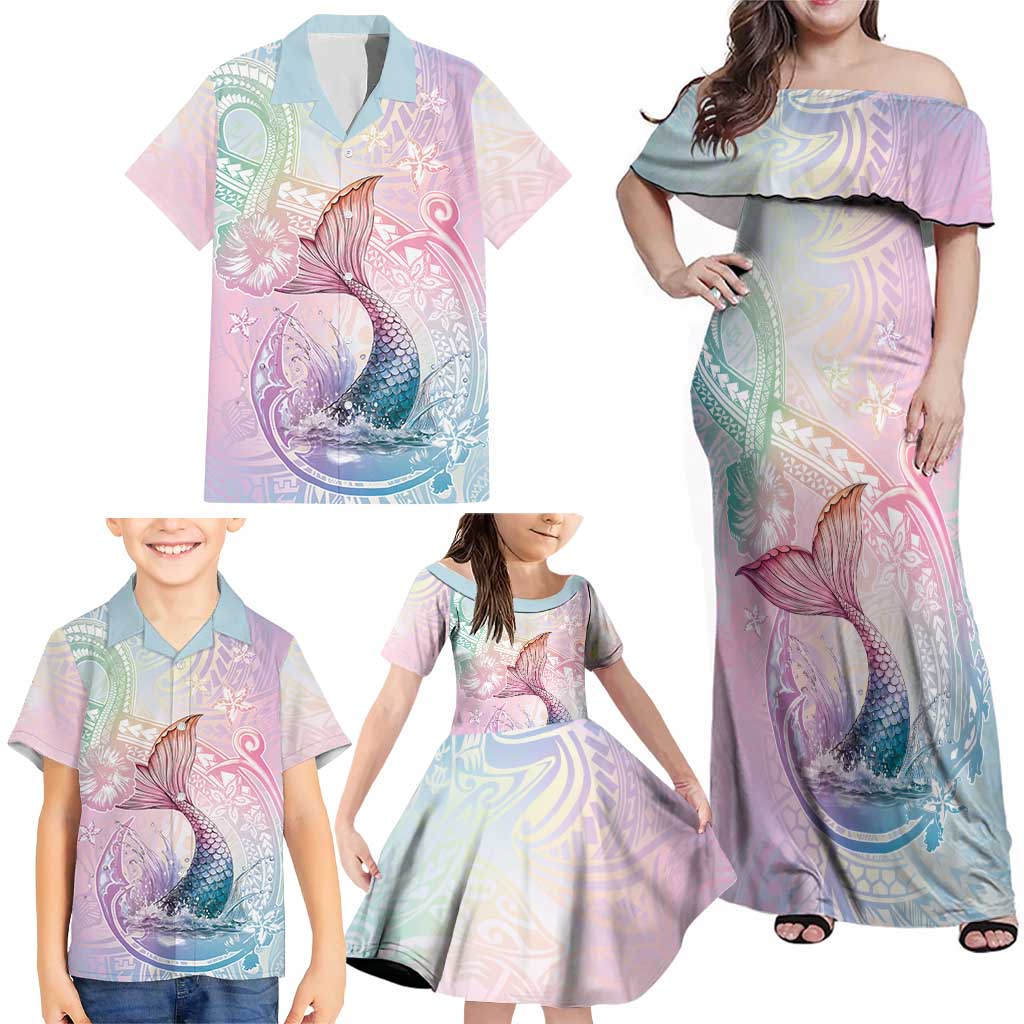 Hawaii Mermaid Sweet Pastel Family Matching Off Shoulder Maxi Dress and Hawaiian Shirt Polynesian Pattern Fish Hook LT01 - Polynesian Pride