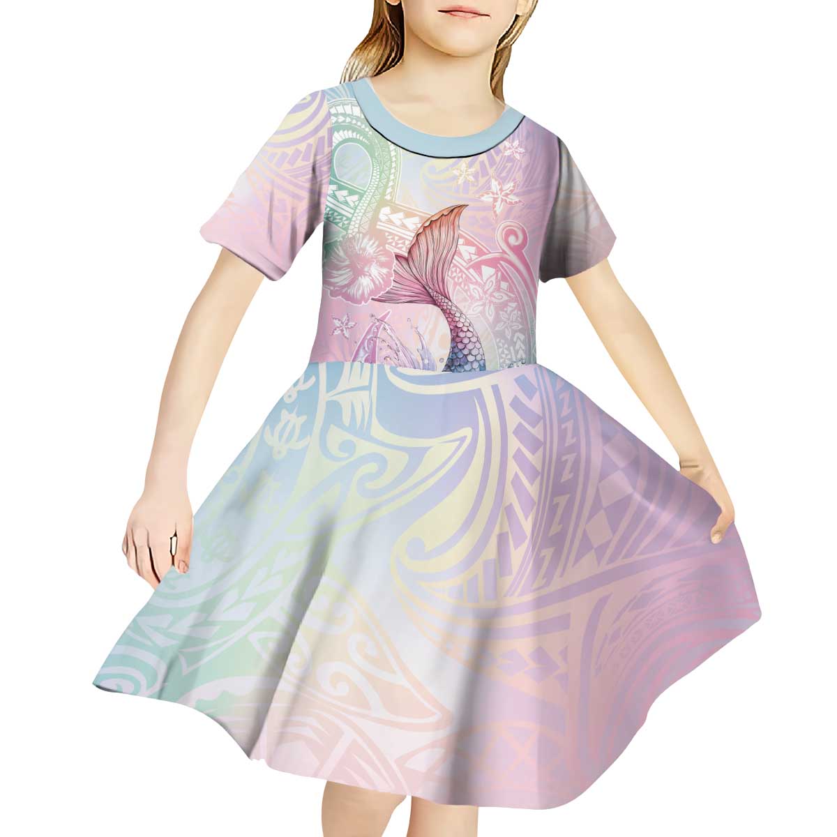 Hawaii Mermaid Sweet Pastel Kid Short Sleeve Dress Polynesian Pattern Fish Hook LT01 - Polynesian Pride