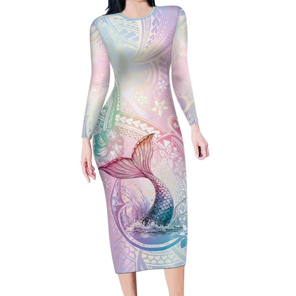 Hawaii Mermaid Sweet Pastel Long Sleeve Bodycon Dress Polynesian Pattern Fish Hook LT01 Long Dress Multicolor - Polynesian Pride