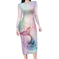 Hawaii Mermaid Sweet Pastel Long Sleeve Bodycon Dress Polynesian Pattern Fish Hook LT01 Long Dress Multicolor - Polynesian Pride