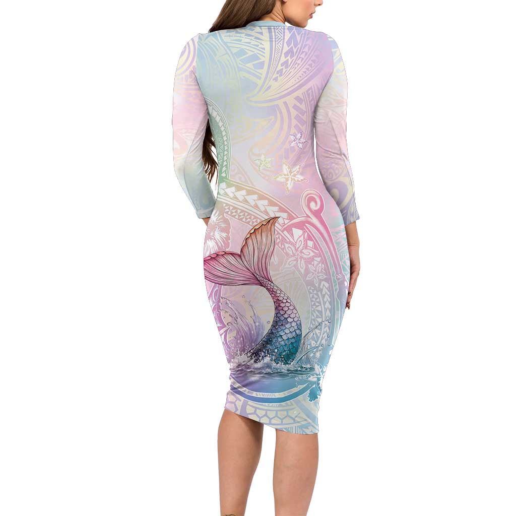 Hawaii Mermaid Sweet Pastel Long Sleeve Bodycon Dress Polynesian Pattern Fish Hook LT01 - Polynesian Pride