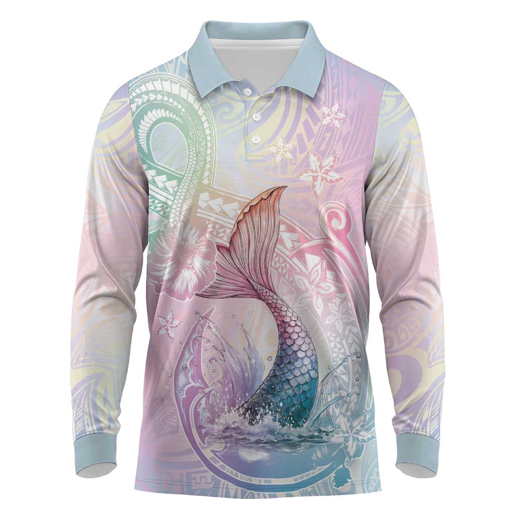 Hawaii Mermaid Sweet Pastel Long Sleeve Polo Shirt Polynesian Pattern Fish Hook