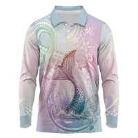 Hawaii Mermaid Sweet Pastel Long Sleeve Polo Shirt Polynesian Pattern Fish Hook