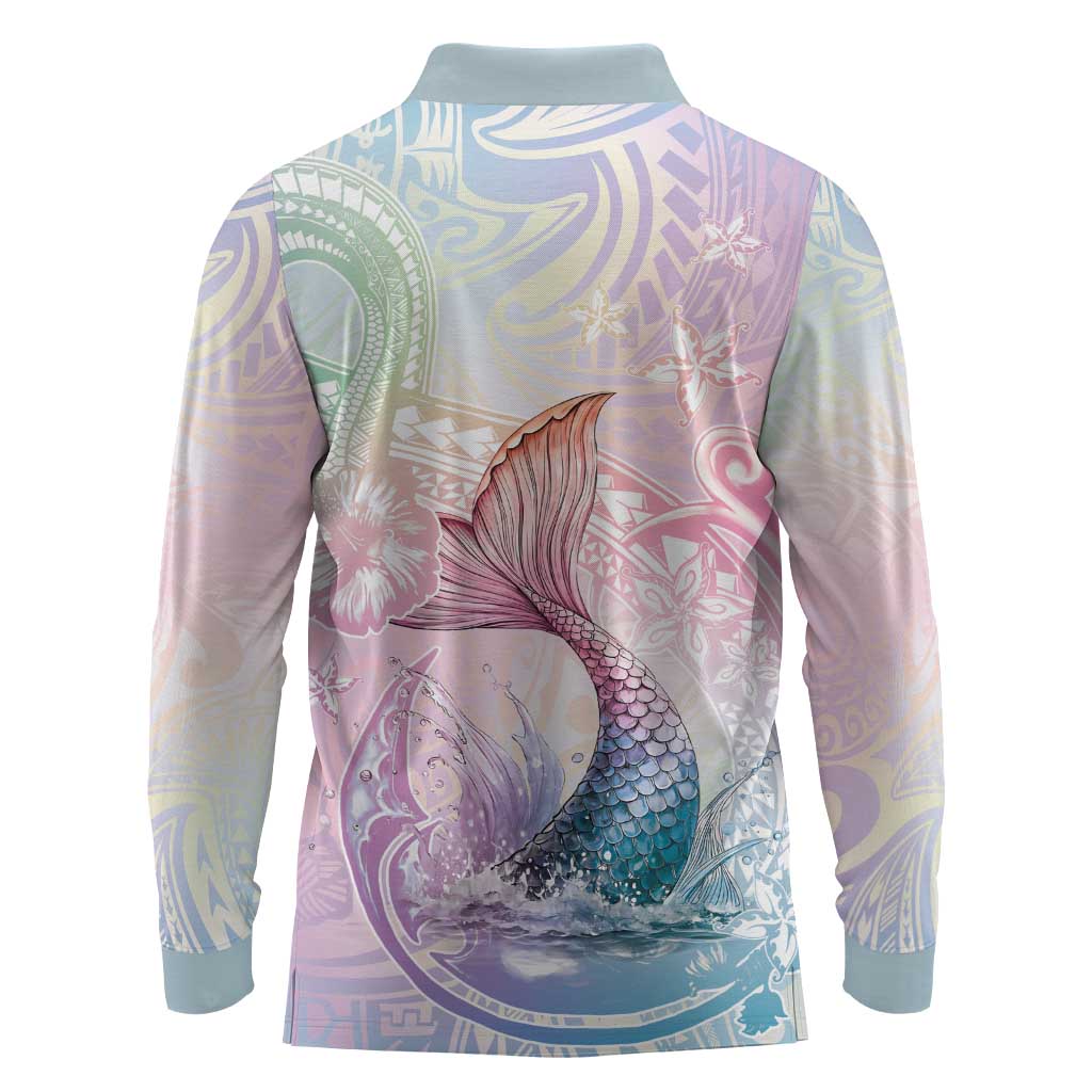 Hawaii Mermaid Sweet Pastel Long Sleeve Polo Shirt Polynesian Pattern Fish Hook