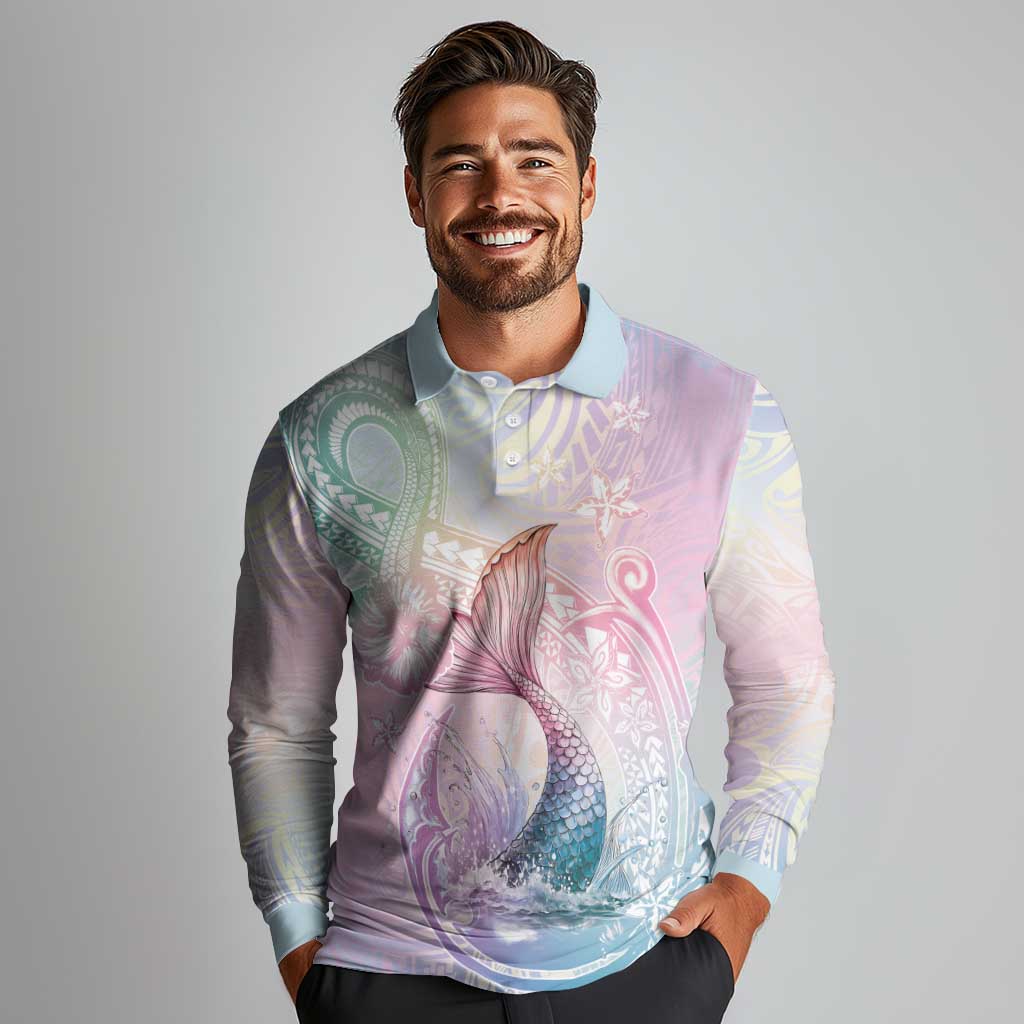 Hawaii Mermaid Sweet Pastel Long Sleeve Polo Shirt Polynesian Pattern Fish Hook
