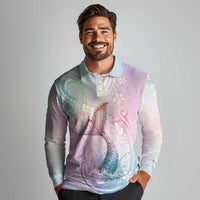 Hawaii Mermaid Sweet Pastel Long Sleeve Polo Shirt Polynesian Pattern Fish Hook