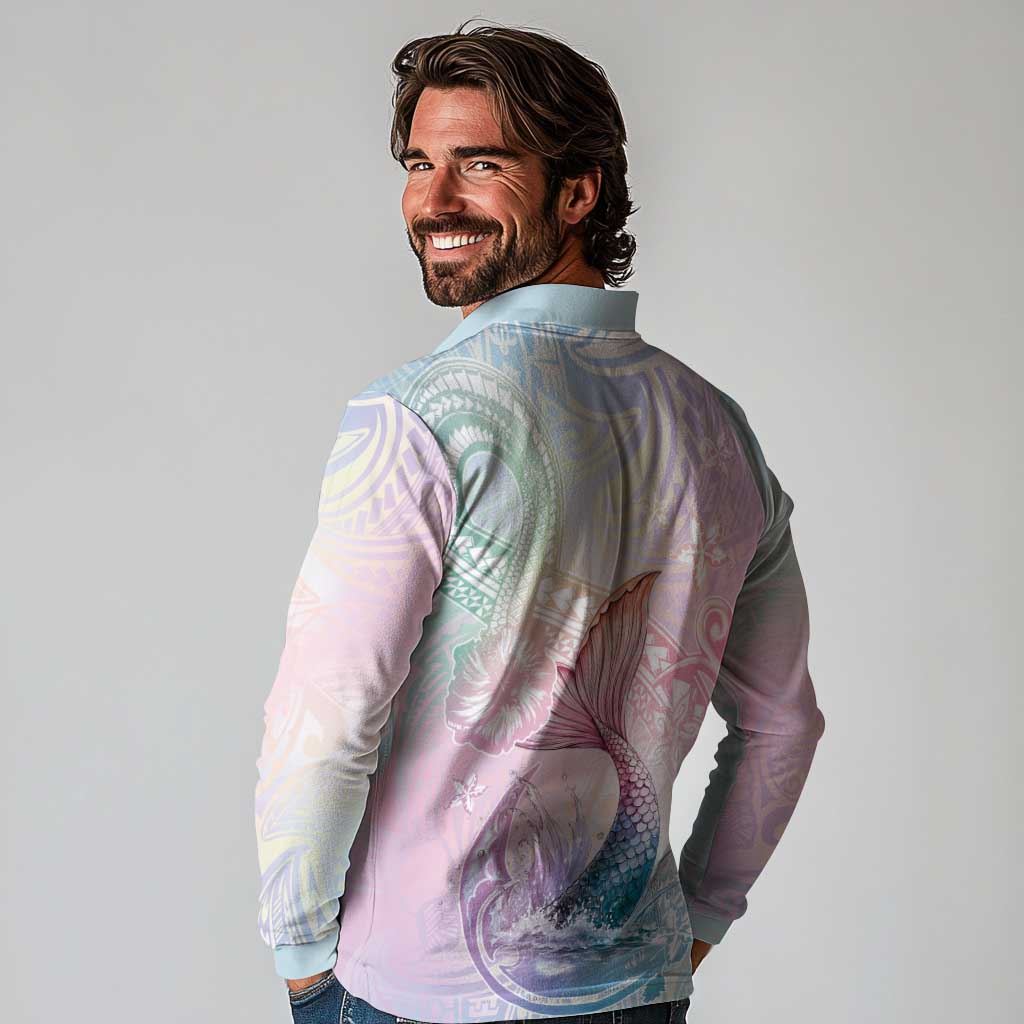 Hawaii Mermaid Sweet Pastel Long Sleeve Polo Shirt Polynesian Pattern Fish Hook