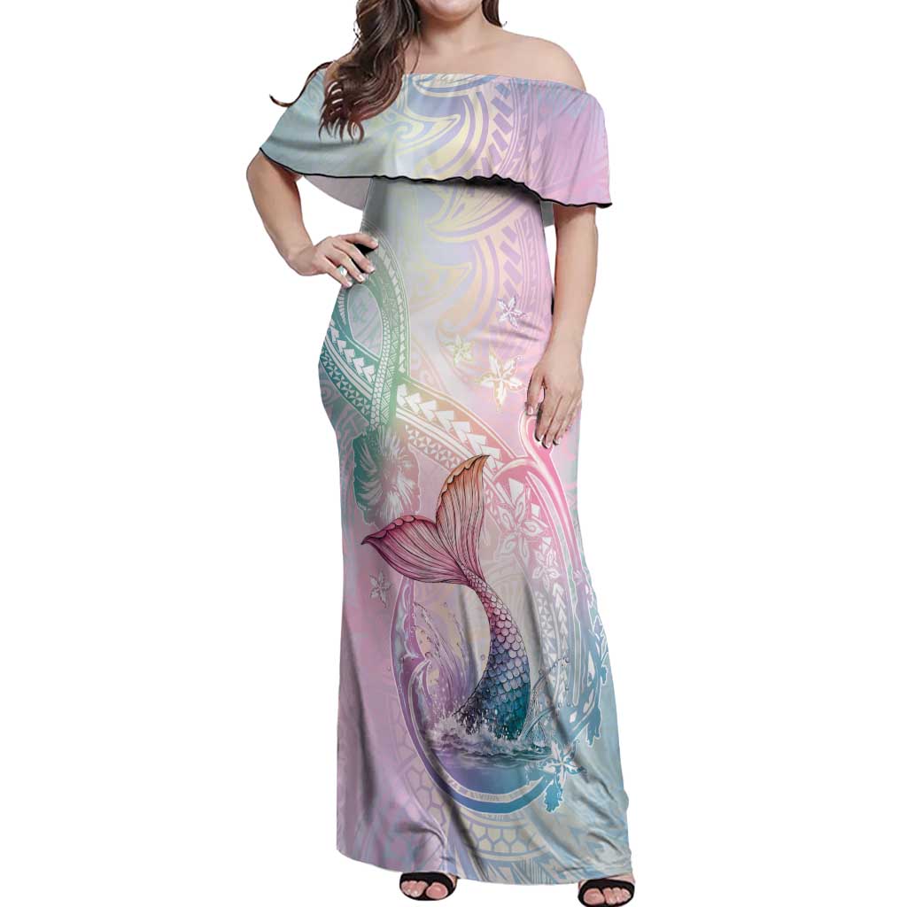 Hawaii Mermaid Sweet Pastel Off Shoulder Maxi Dress Polynesian Pattern Fish Hook LT01 Women Multicolor - Polynesian Pride
