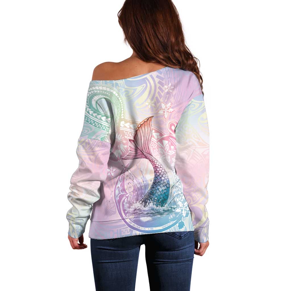 Hawaii Mermaid Sweet Pastel Off Shoulder Sweater Polynesian Pattern Fish Hook LT01 - Polynesian Pride