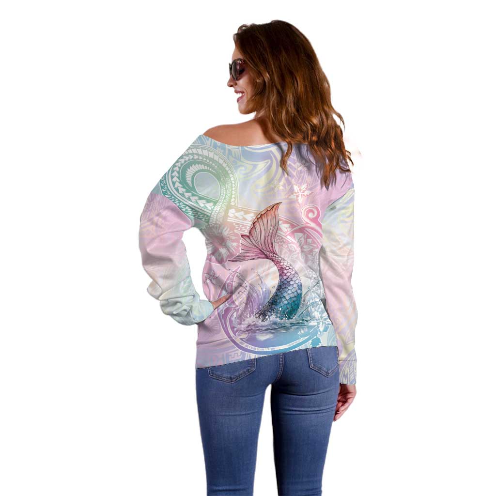 Hawaii Mermaid Sweet Pastel Off Shoulder Sweater Polynesian Pattern Fish Hook LT01 - Polynesian Pride