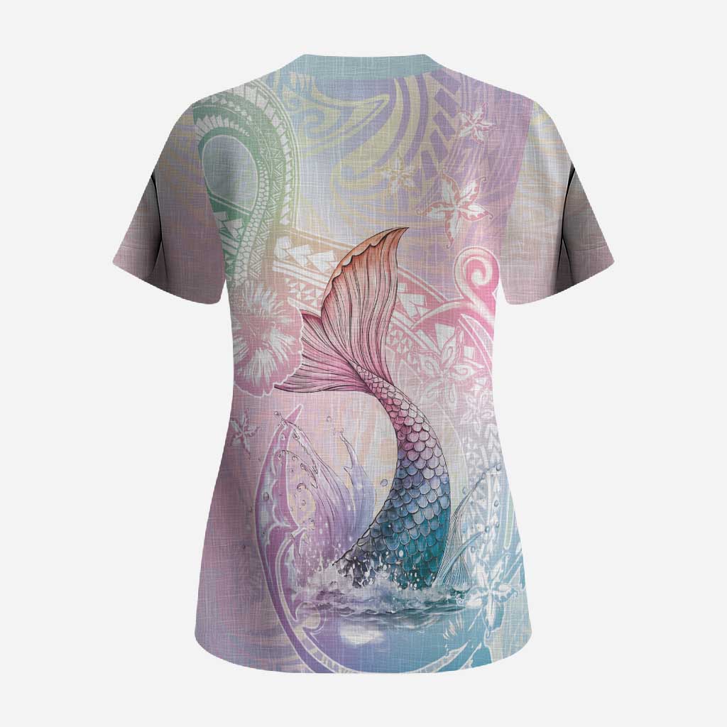 Hawaii Mermaid Sweet Pastel Scrub Top Polynesian Pattern Fish Hook LT01 - Polynesian Pride